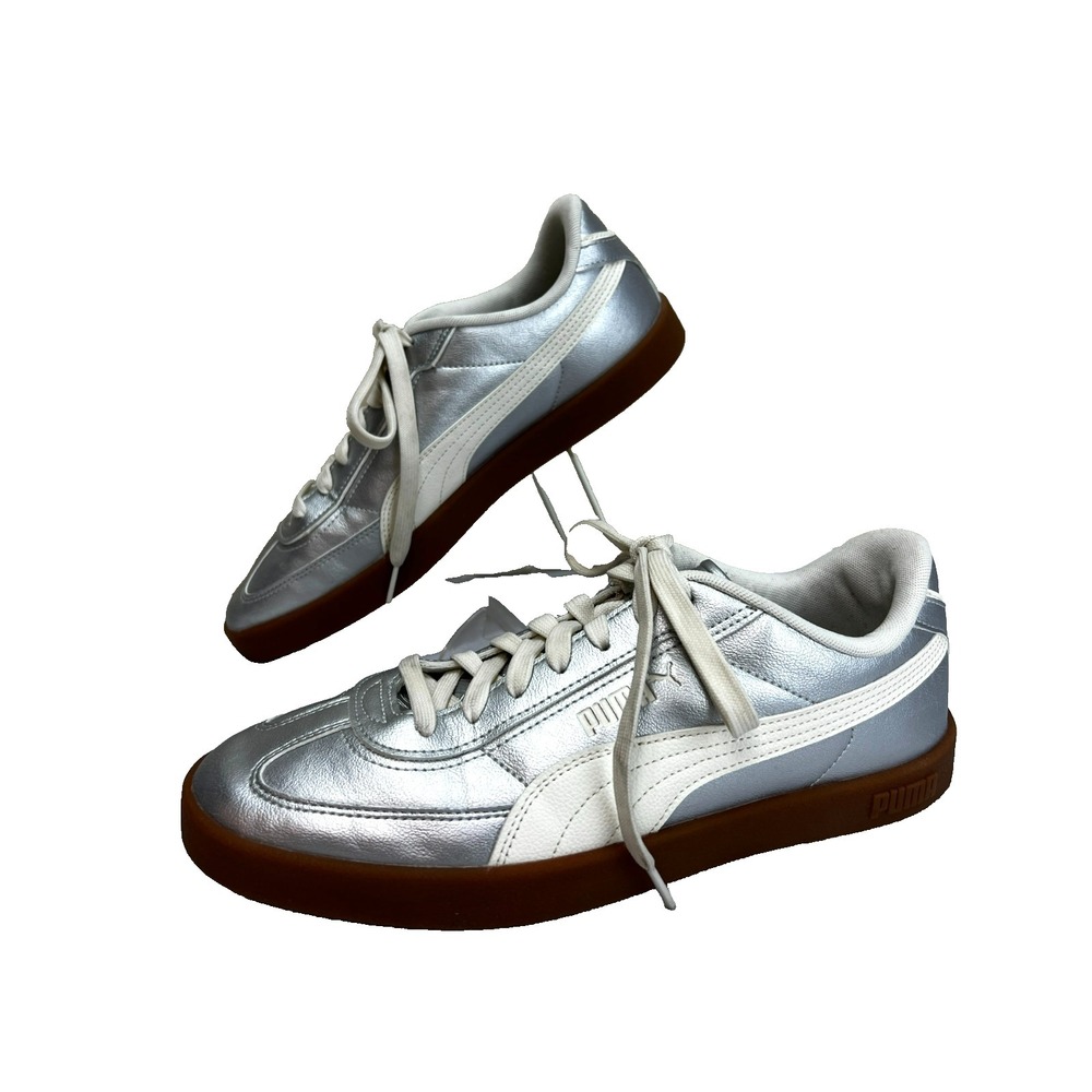 PUMA Club II Era Court Sneakers Silver Metallic  White Low Top Rubber Sole SZ 11